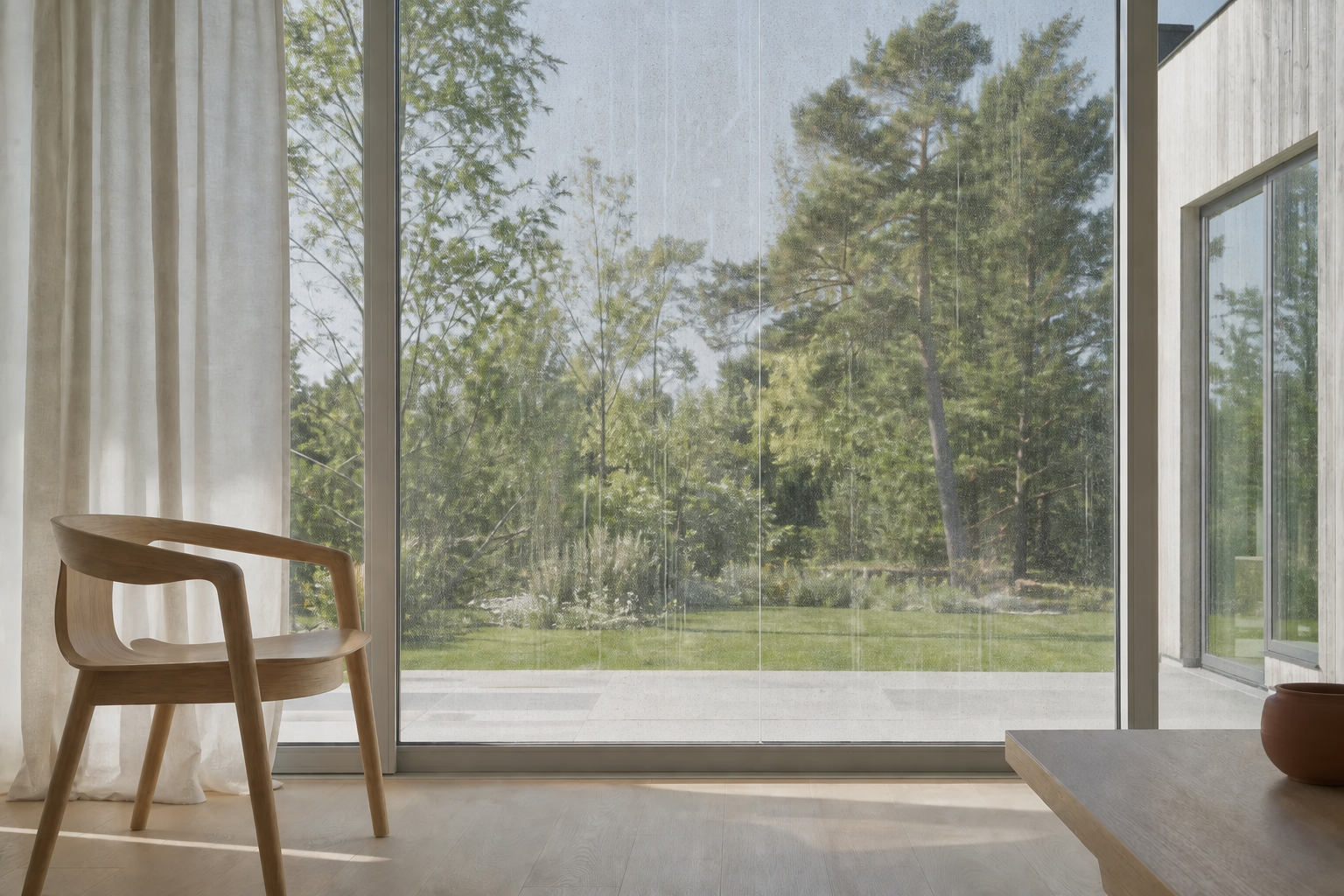Samma fönster före putsning med synligt damm och vattenränder
